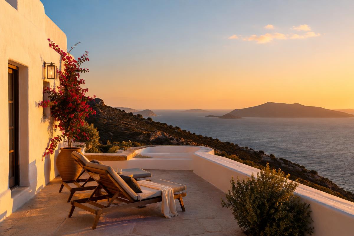 Golden-hour terrace of a whitewashed villa overlooking the Mediterranean
